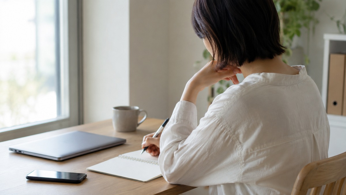 上司との関係がつらく会社に行きたくない朝に、静かなデスクで気持ちを整理している様子