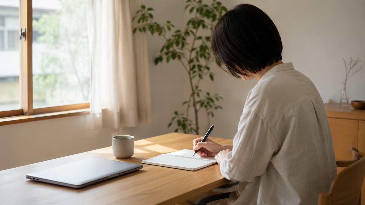 仕事を辞める不安を整理するために、静かな部屋でノートに考えを書き出している様子