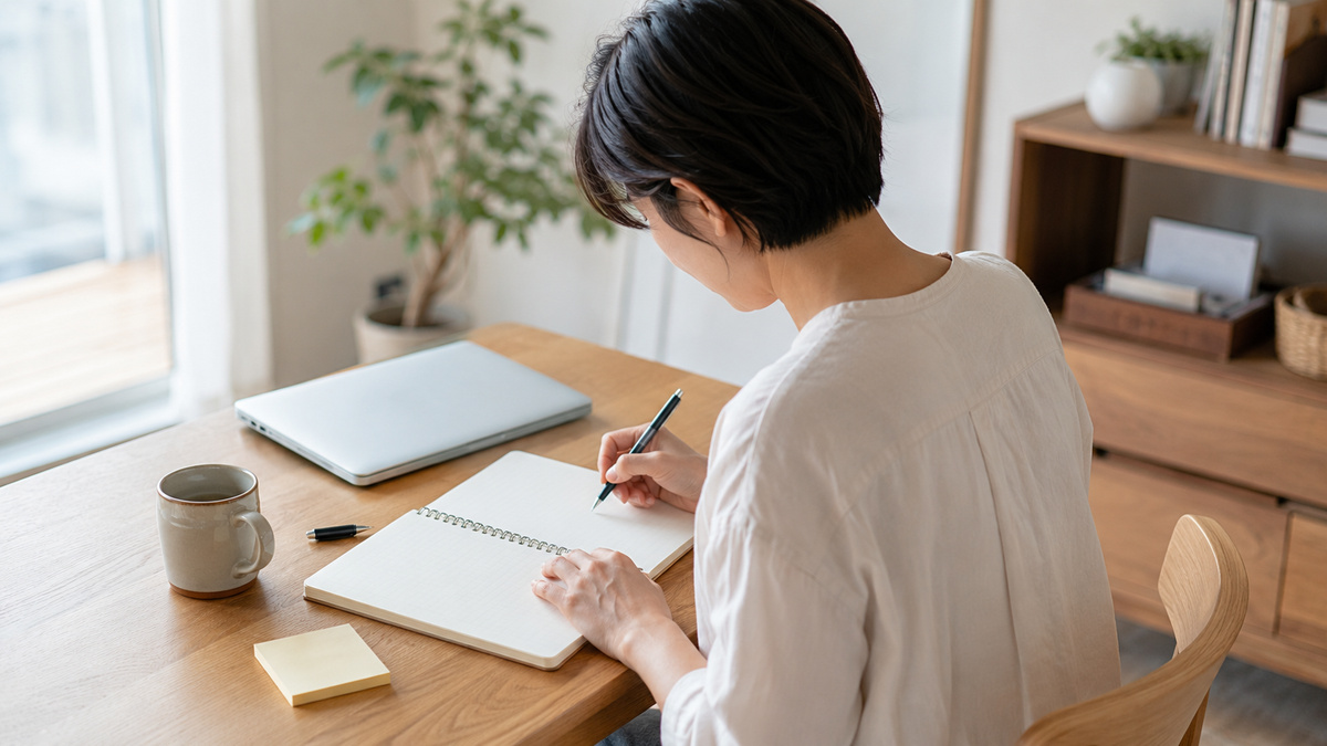 転職活動を始める前に、静かな場所でノートへ希望条件や経験を書き出している様子