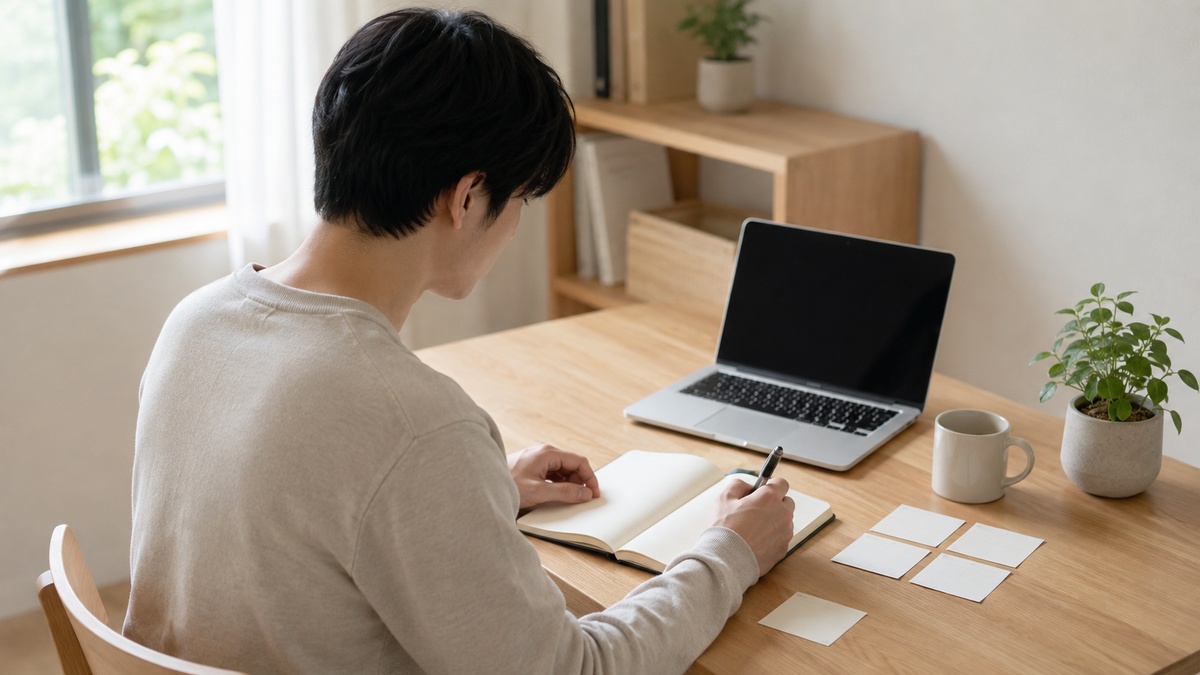 転職活動で何から始めるかを考えながら、静かな場所でノートに最初の一歩を書き出している様子